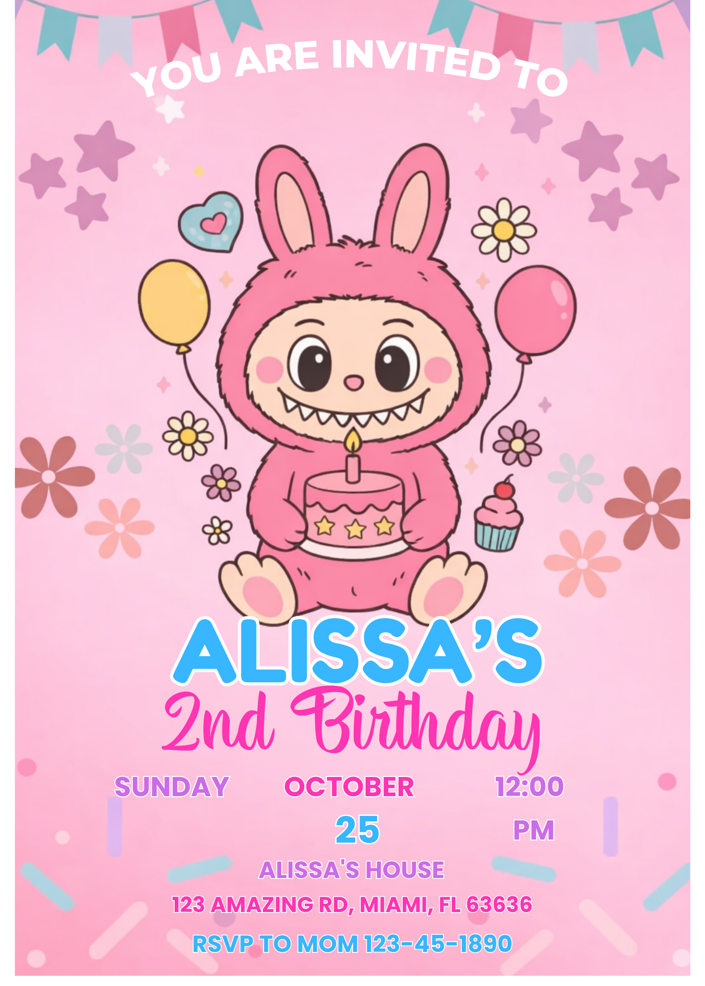 Pink bunny costume birthday invitation design featuring a cute cartoon character for a girl's 2nd birthday party. Customizable pink pastel birthday invitation template with balloons, stars, cupcakes, and a birthday cake background, perfect for a toddler g