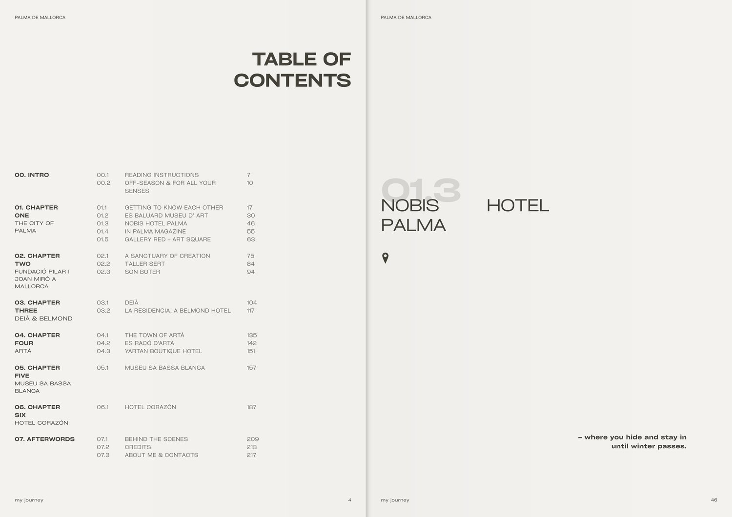 Palma de Mallorca digital travel guide table of contents preview. Curated itinerary features Nobis Hotel Palma, Belmond La Residencia, Fundació Pilar i Joan Miró, Es Racó d’Artà, and Hotel Corazón with interactive Google Maps location tags. Sadržaj knjige