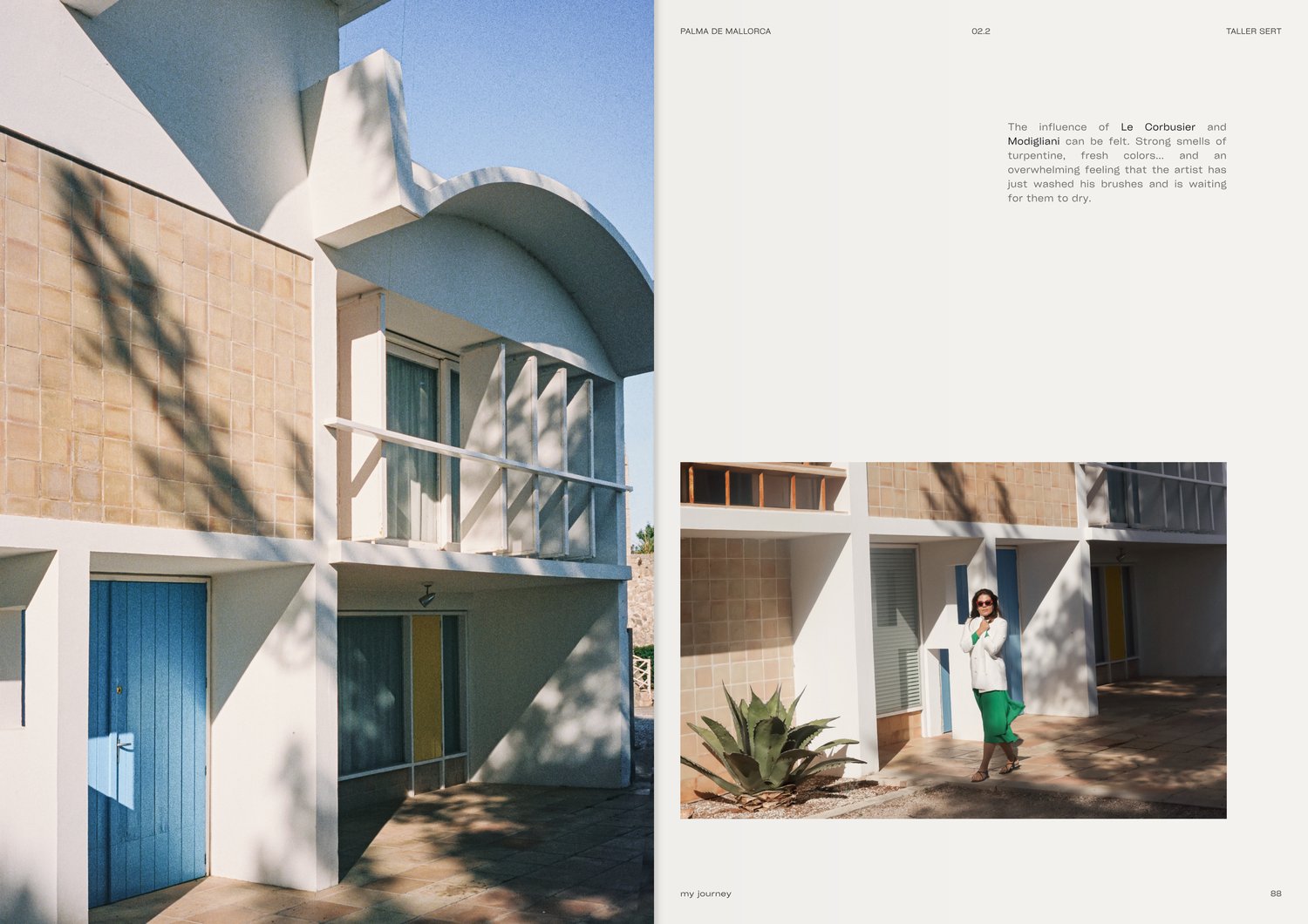 Palma de Mallorca travel journal interior preview showcasing Taller Sert architecture. Modernist design photography inspired by Le Corbusier and Modigliani at Joan Miro studio with natural light. Prikaz stranica iz vizuelnog dnevnika za Palmu de Majorku.