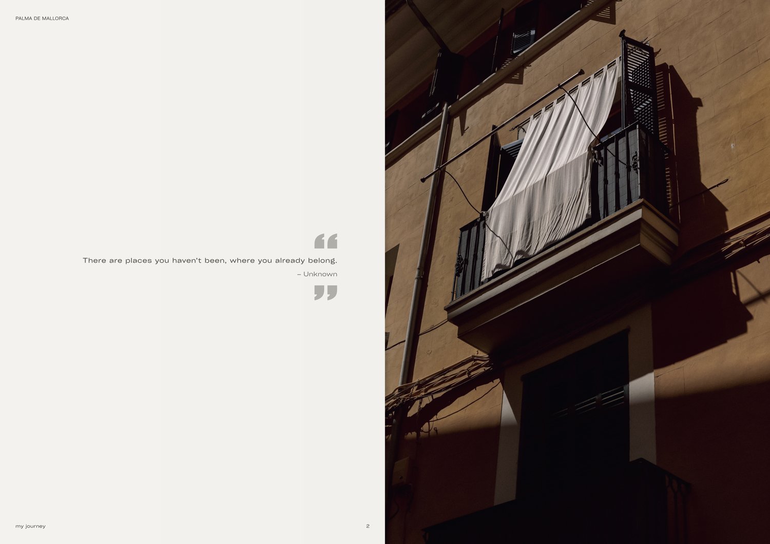 Palma de Mallorca digital travel journal interior page preview with quote. Cinematic aesthetic balcony photography with dramatic natural light, shadows, and minimalist lifestyle design. Unutrašnjost interaktivnog vizuelnog putopisa za Palmu de Majorku. Pr
