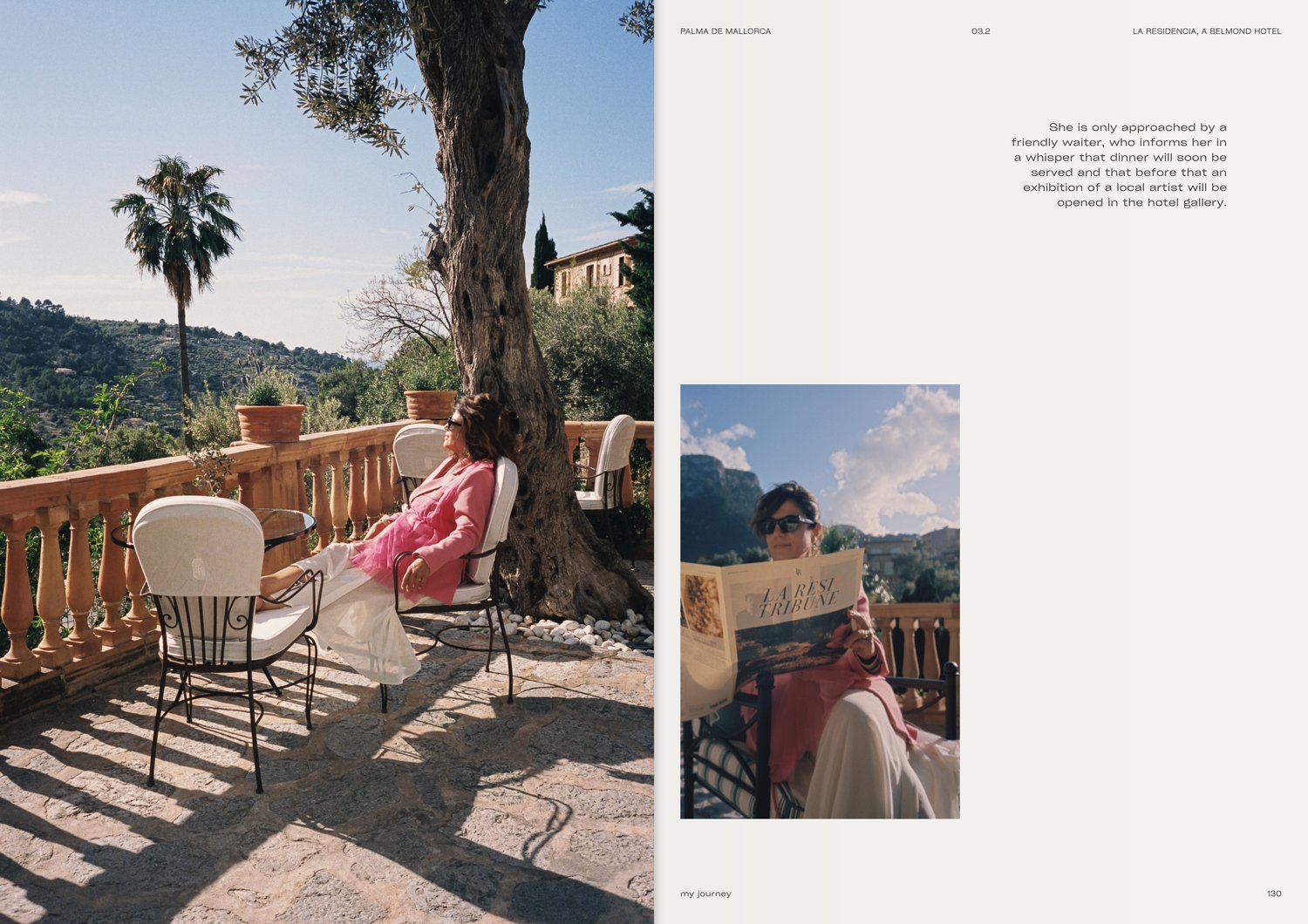 La Residencia A Belmond Hotel luxury terrace view in Deia, Mallorca. Aesthetic Mediterranean lifestyle photography with natural light, mountains, and hotel art gallery reflections. Prikaz stranica iz interaktivnog vizuelnog dnevnika za Majorku. Fotografij