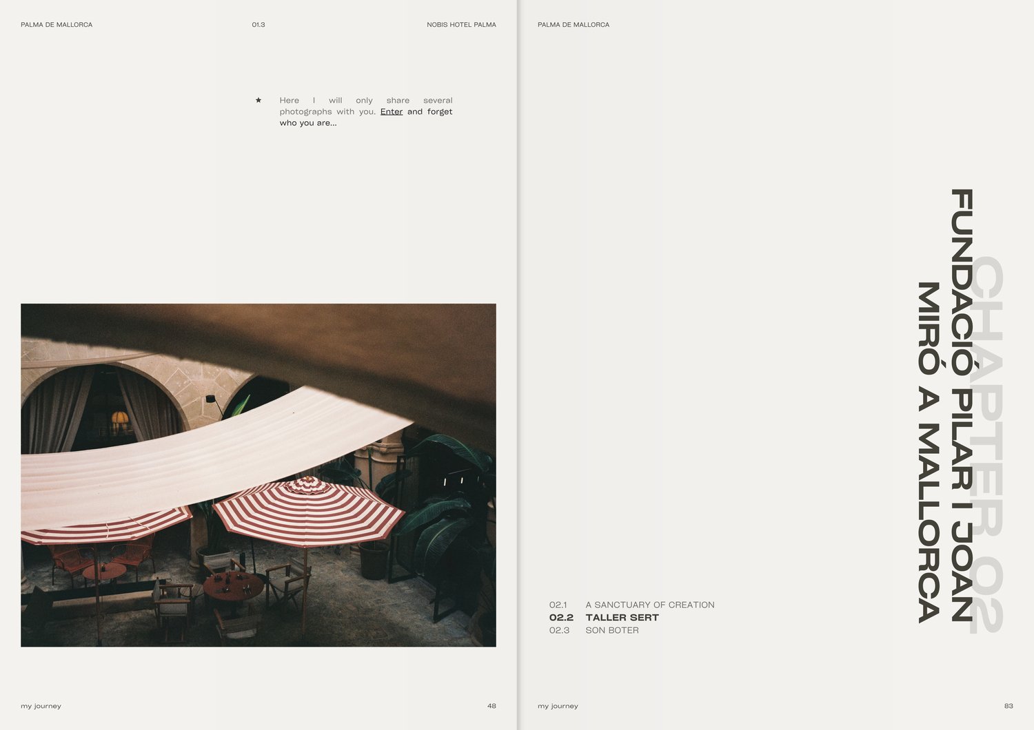 Palma de Mallorca visual journal Chapter 2 preview. Features Fundació Pilar i Joan Miró a Mallorca, Taller Sert, Son Boter art sanctuary, and Nobis Hotel courtyard design photography. Unutrašnjost interaktivnog putopisa za Palmu de Majorku, poglavlje 2. P