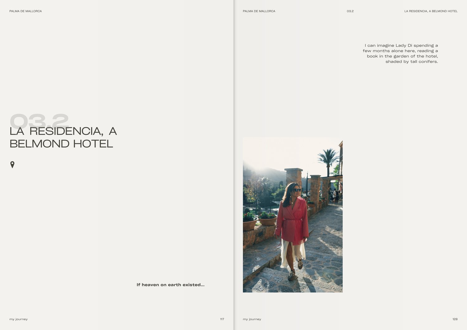 Palma de Mallorca luxury travel journal preview of La Residencia A Belmond Hotel in Deia. Quiet luxury aesthetic featuring Lady Di travel reflections and historical Mediterranean garden photography. Prikaz stranica iz luksuznog vizuelnog putopisa za Major