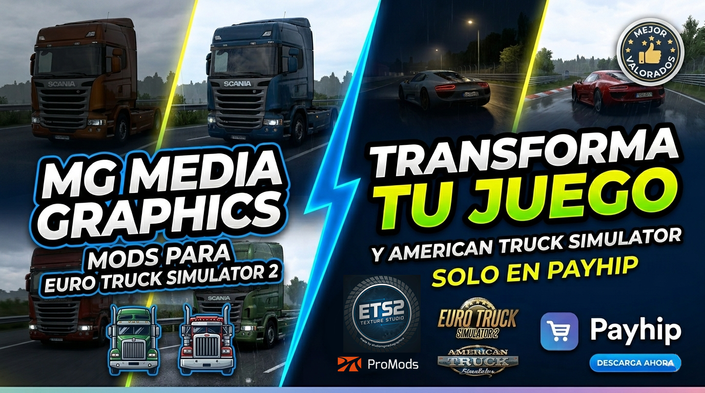 🎮 PACK 2 MODS — NEXT GEN REAL REALISTIC GRAPHICS (ETS2 / ATS)  By MG Media Graphics  Disfruta de la experiencia visual definitiva en Euro Truck Simulator 2 y American Truck Simulator con este exclusivo pack doble optimizado para la versión v1.59 de ambos 