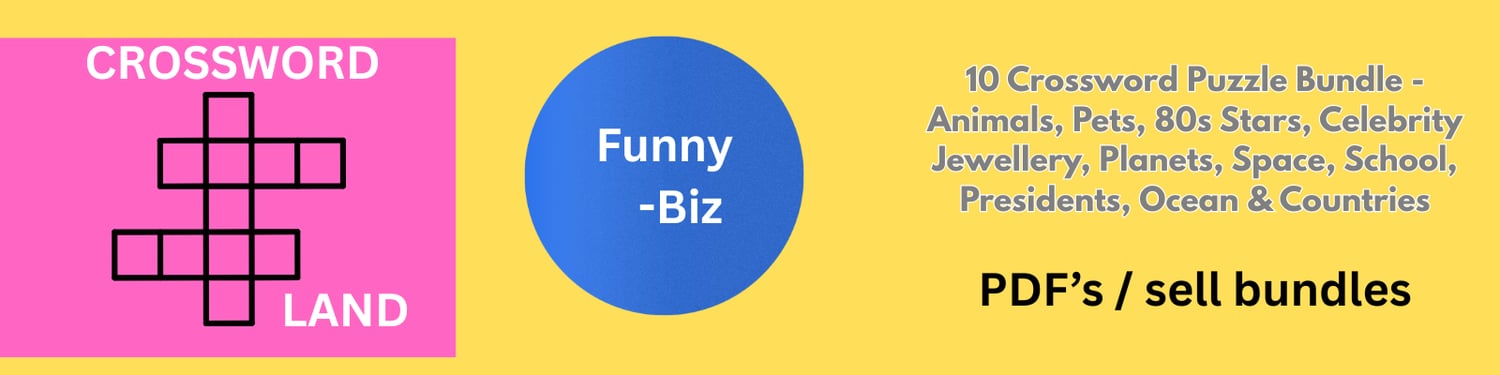 Crossword Land Funny-Biz store banner featuring crossword puzzles and PDF bundles