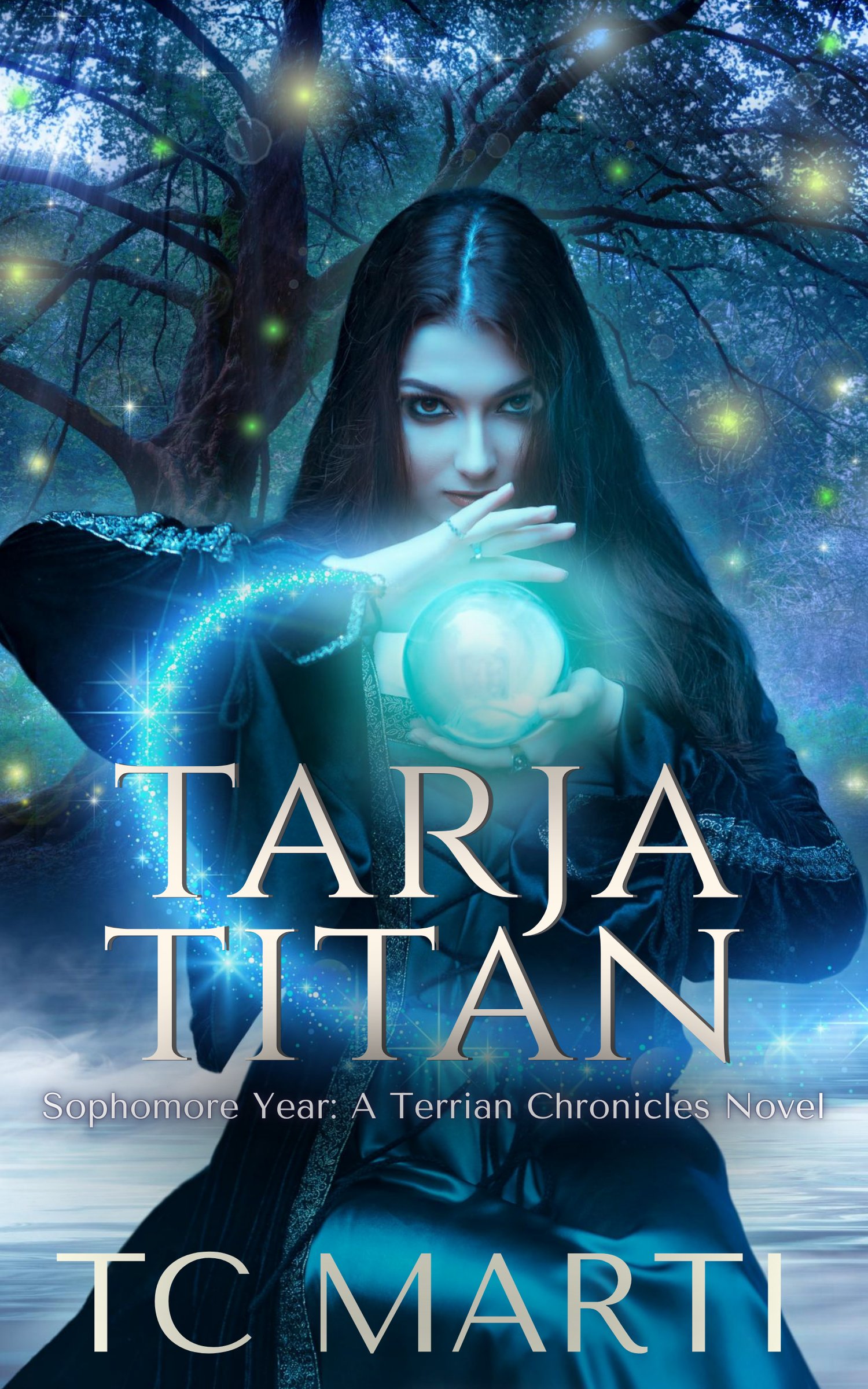 Tarja Titan Sophomore Year by TC Marti. A girl with long black hair and pale skin conjures an orb in a wintry scene.