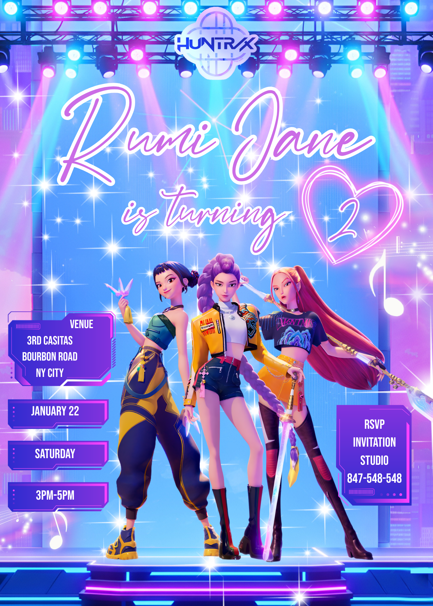 K-pop demon hunter birthday invitation design featuring anime-style pop star girls on a neon stage for a 2nd birthday party. Customizable Huntrix themed birthday invitation template with purple and pink neon lights, glowing stars, and musical notes backgr
