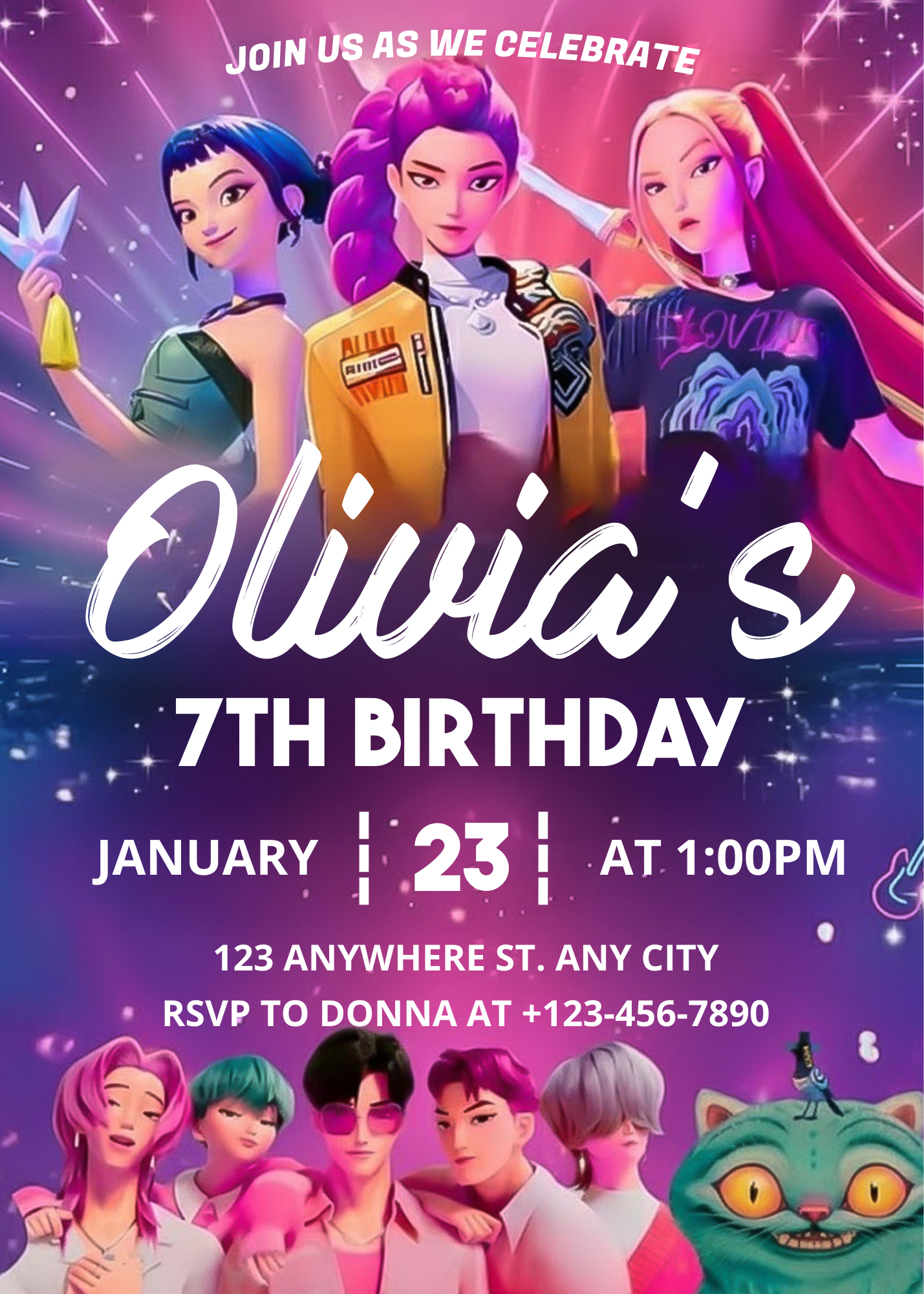 K-pop anime birthday invitation design featuring pop star cartoon characters and a cute cat for a girl's 7th birthday party. Customizable music themed birthday invitation template with a neon purple and pink starry night background, perfect for a modern g