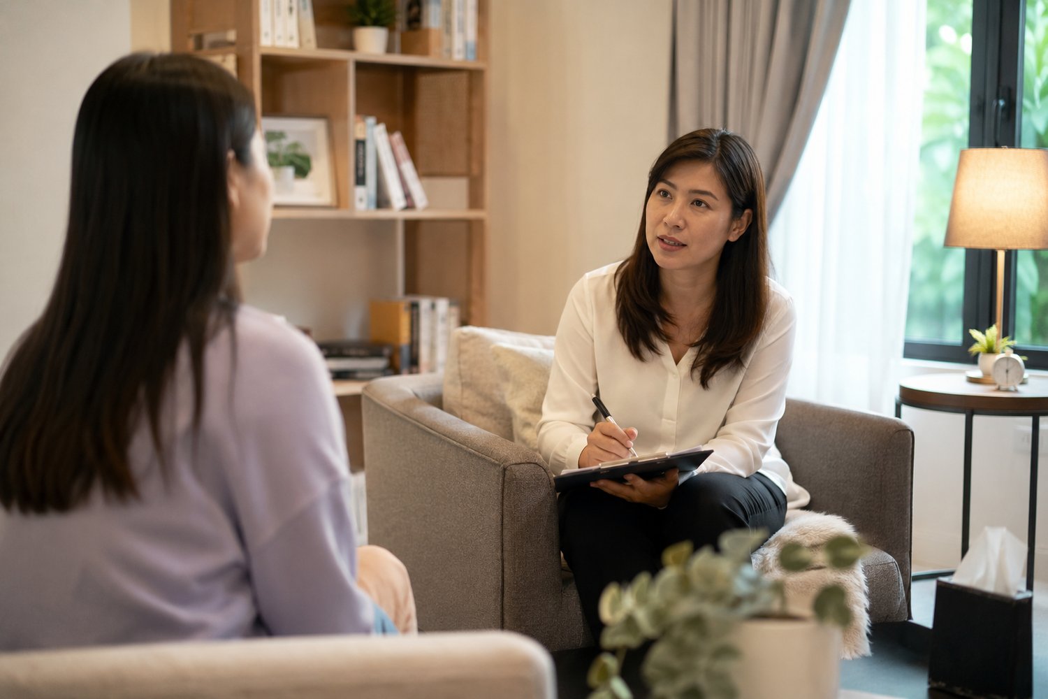 Therapist talking with a client during a counselling session.