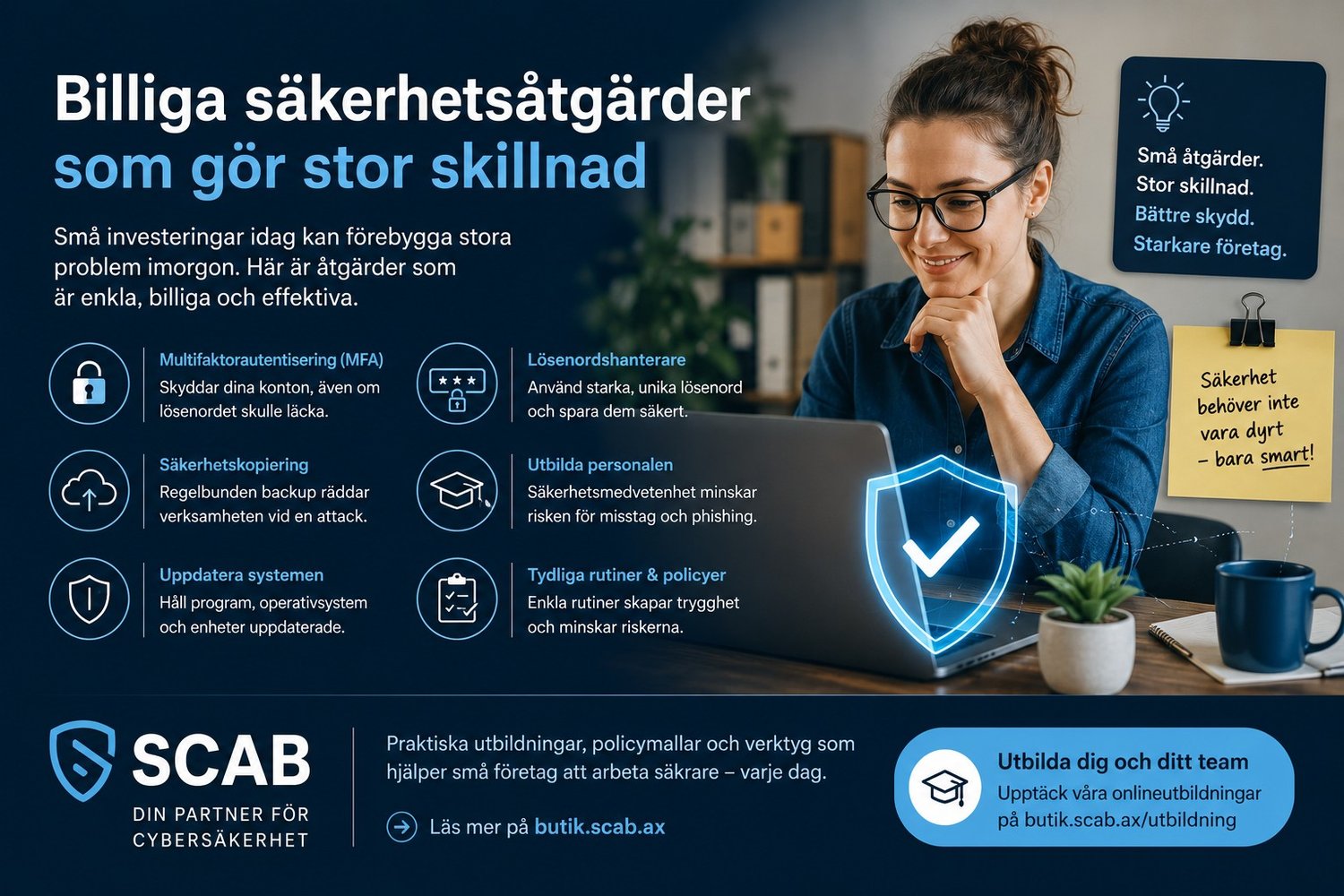Infografik från SCAB om billiga säkerhetsåtgärder för små företag med MFA, backup, lösenordshanterare och säkerhetsmedvetenhet i kontorsmiljö.