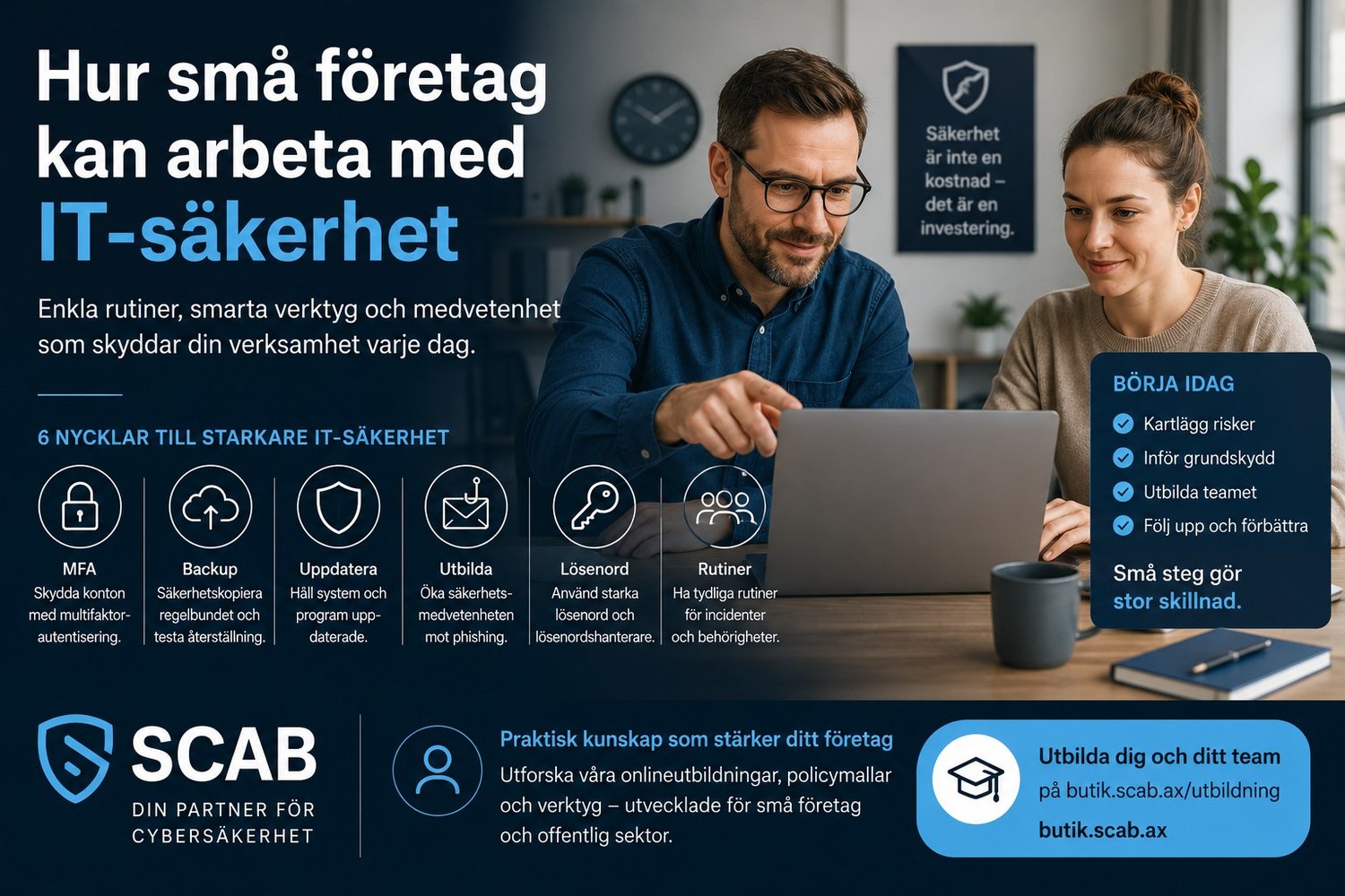SCAB-infografik om hur små företag kan arbeta med IT-säkerhet genom MFA, backup, utbildning, lösenord och säkerhetsrutiner i kontorsmiljö.