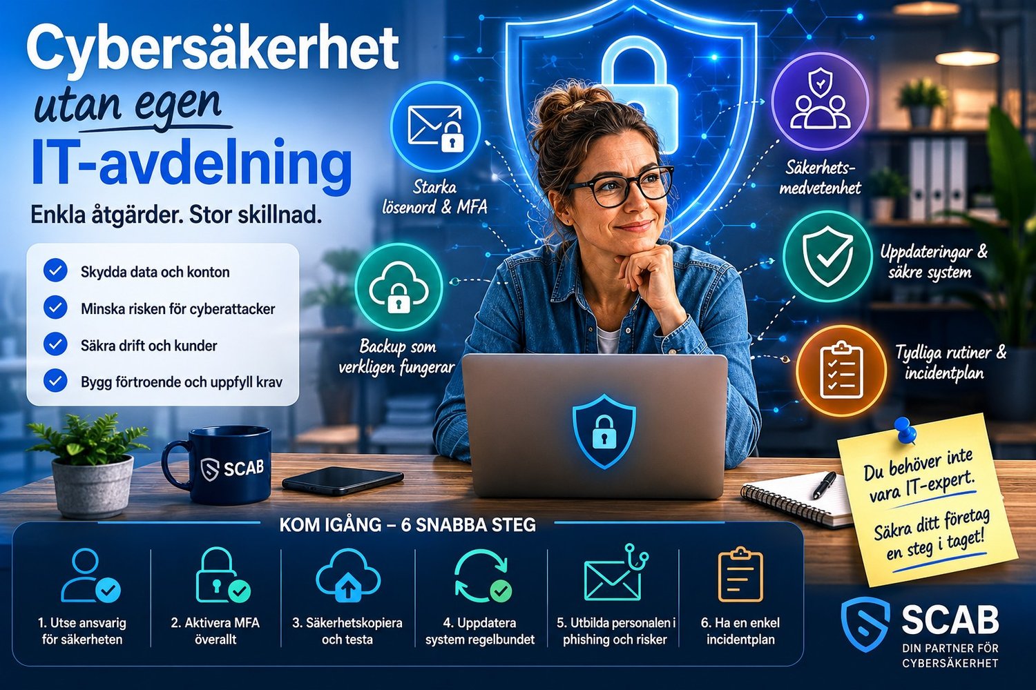 SCAB-infografik om cybersäkerhet utan egen IT-avdelning med MFA, backup, säkerhetsrutiner, phishingskydd och utbildning för små företag.