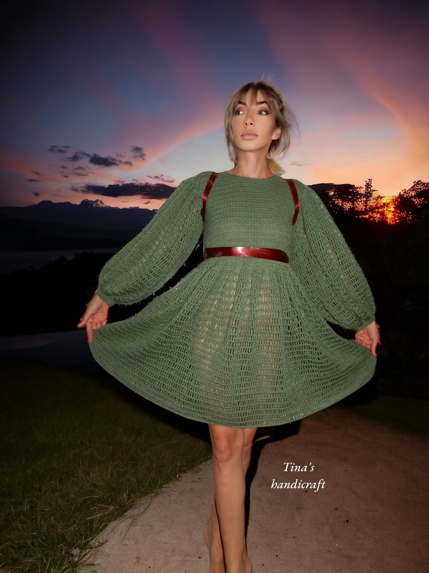 Welcome the newest addition to the Tina's handicraft collection: a stunning, handmade knitted dress in a beautiful shade of sage green. This unique piece is crafted with love and attention to detail, using high-quality cotton yarn that offers comfort and 