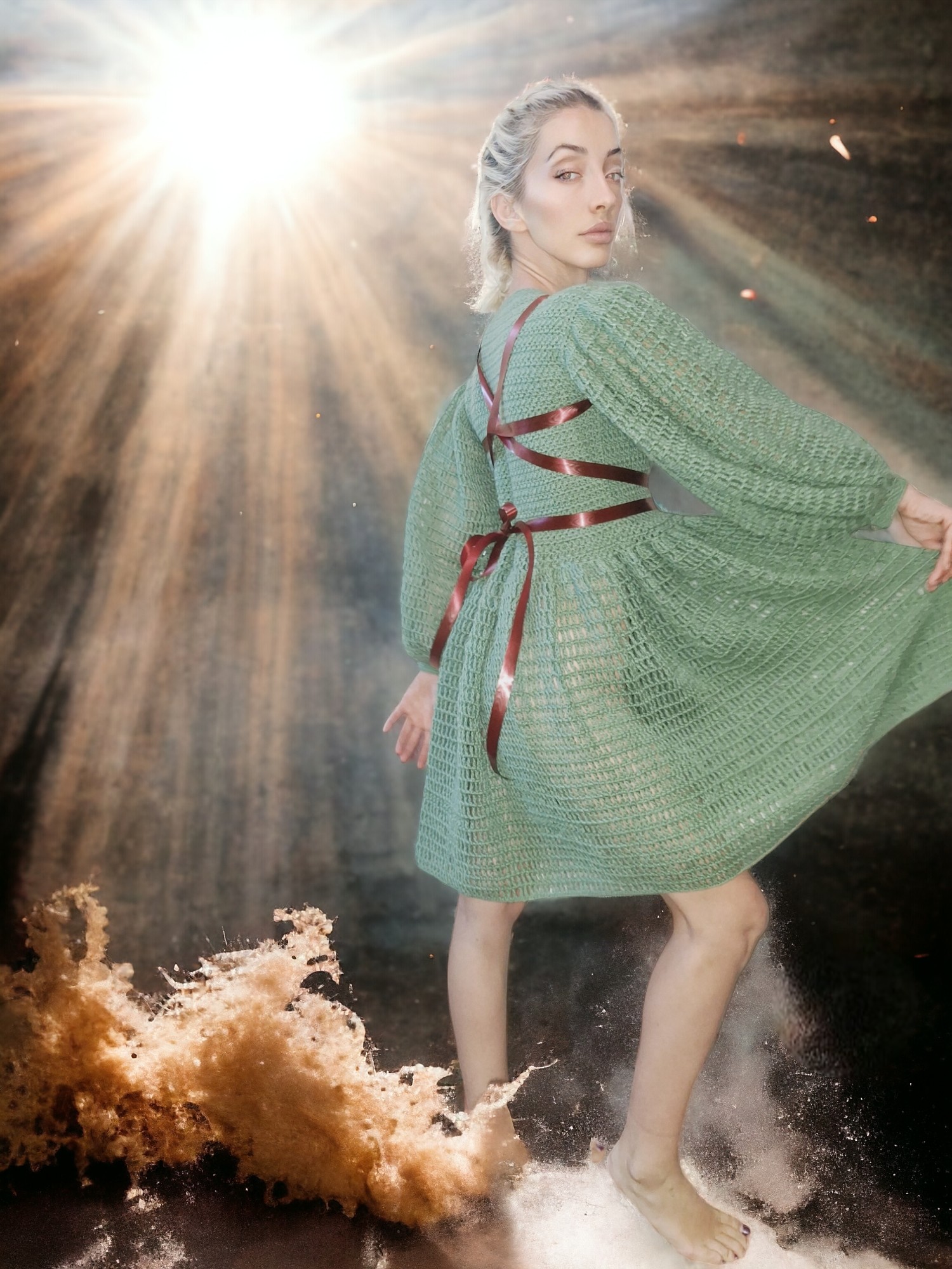 Welcome the newest addition to the Tina's handicraft collection: a stunning, handmade knitted dress in a beautiful shade of sage green. This unique piece is crafted with love and attention to detail, using high-quality cotton yarn that offers comfort and 