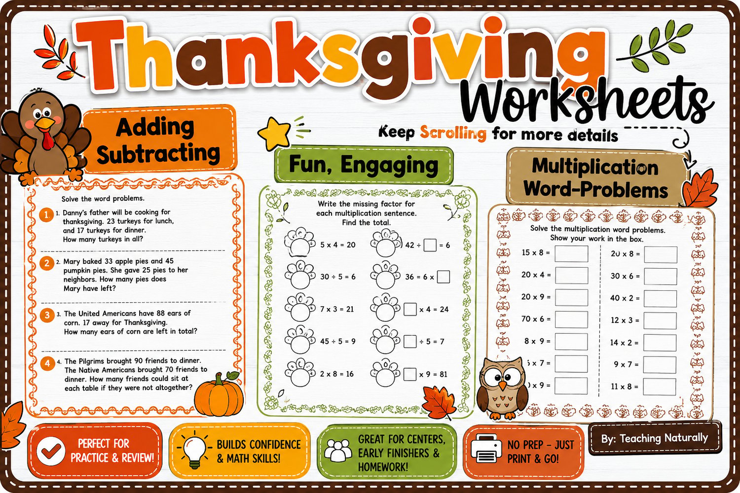 Thanksgiving Math Printable Worksheets | Addition, Subtraction & Word Problems