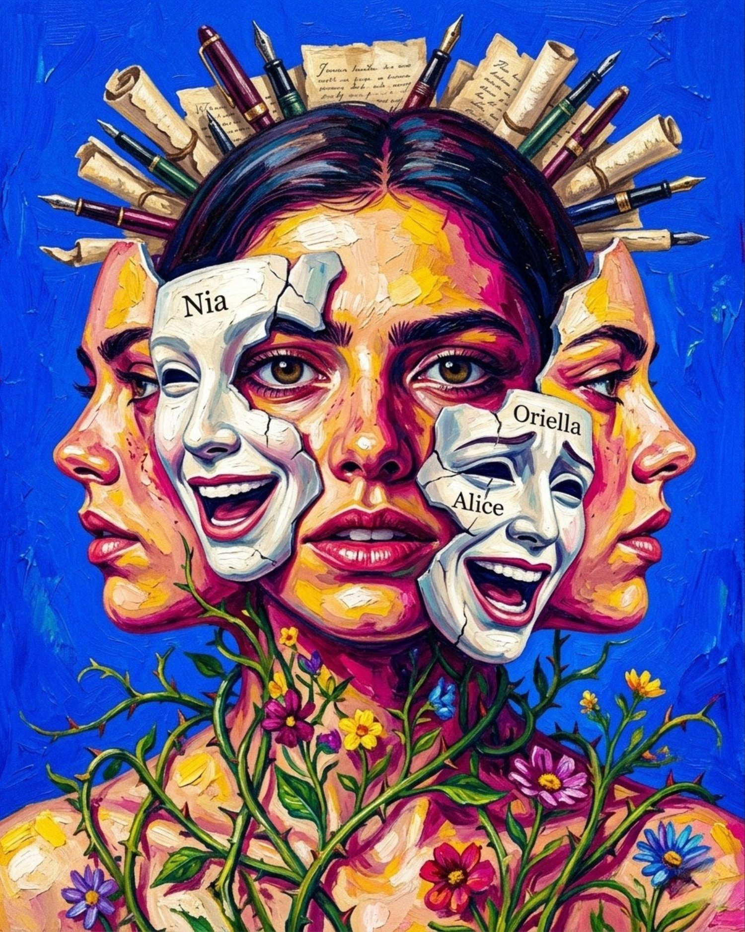 A vibrant, impasto-style surrealist portrait of a woman whose face is surrounded by cracked white masks labeled with names. She wears a crown of fountain pens and scrolls, while thorny vines and wildflowers entwine her neck against a bold blue background. Persona and narratives of NOA, created by Nia Nokova. Machine-created art.