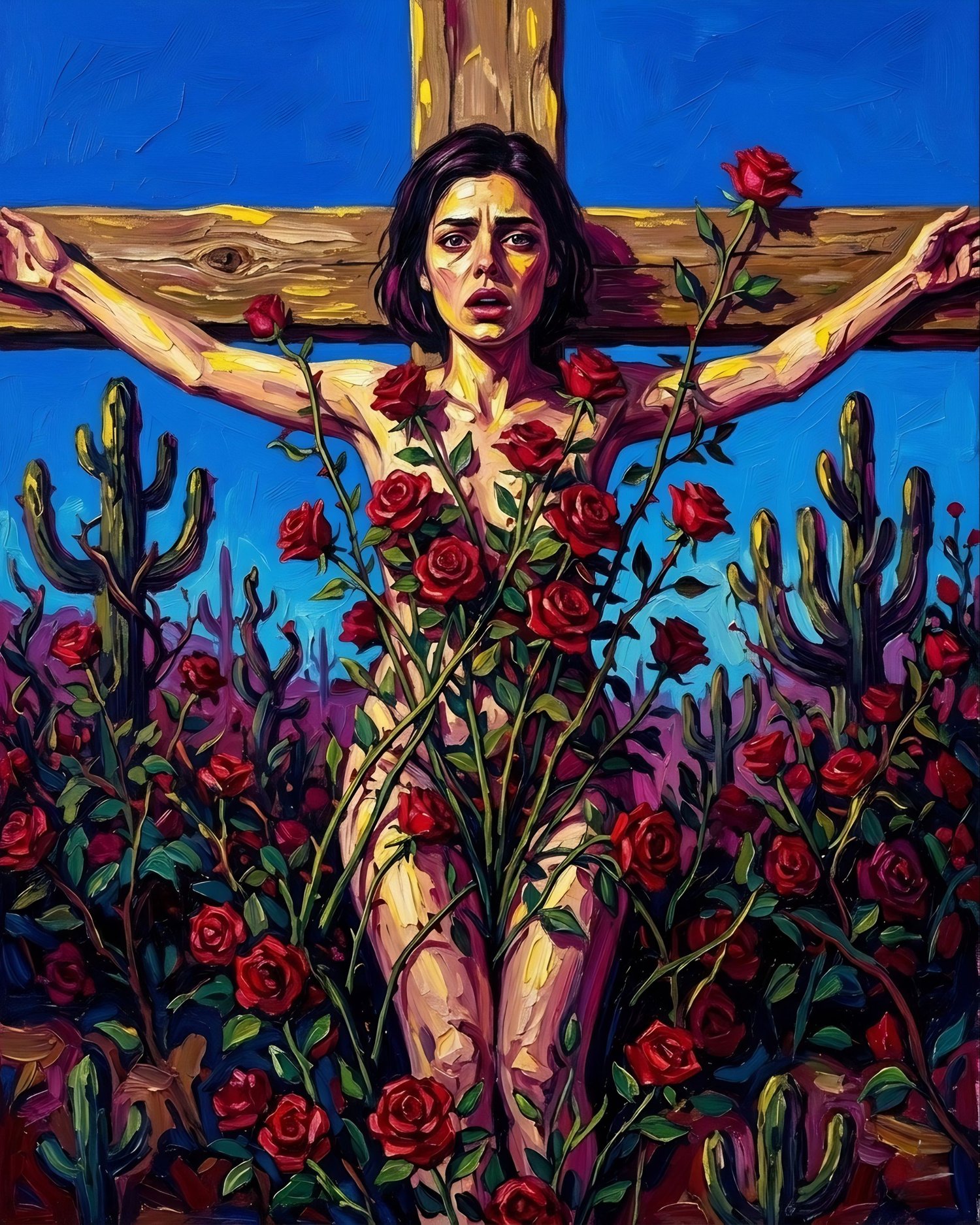 A vibrant expressionistic painting of a woman with a pained expression, her arms outstretched against a wooden cross. She is surrounded by a dense thicket of red roses and thorny vines that grow upward over her body. The background features a desert landscape with cacti under a bright blue sky, all rendered with thick, visible brushstrokes. Persona and narratives of NOA, created by Nia Nokova. Machine-created art.