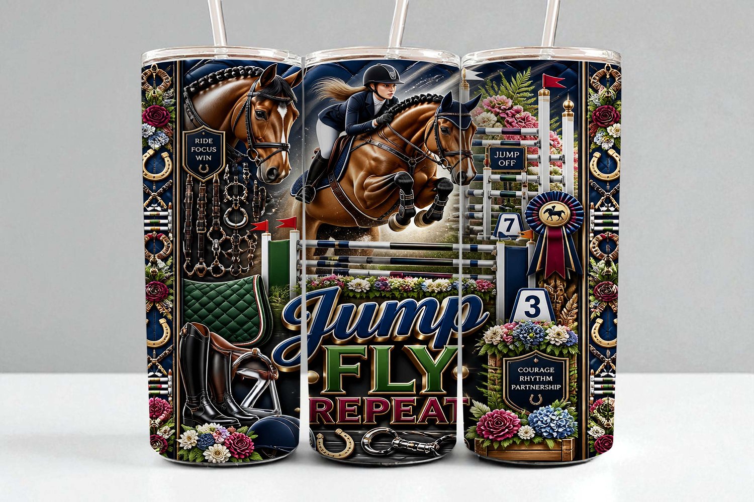 Equestrian 20oz tumbler wrap featuring a horse and rider jumping an obstacle, horse tack, show‑jumping poles, rosette ribbon, florals, and gold accents in a 300 DPI PNG design.