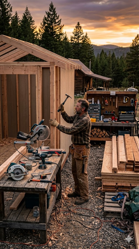 A craftsman in a tool belt holding a piece of lumber next to a modern sloped-roof shed framing project.  Detailed Description: A side-angle view of a carpenter on an outdoor gravel worksite, wearing a leather tool pouch and handling a premium cut of lumbe