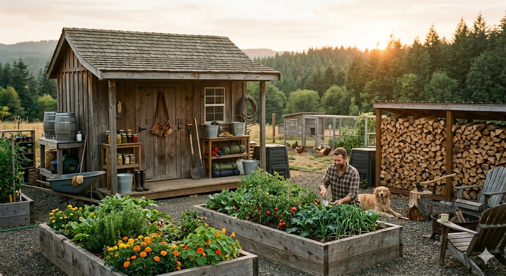 American homestead backyard with wooden storage shed, raised garden beds, stacked firewood, organized survival supplies, peaceful self-reliant lifestyle, golden hour lighting, realistic outdoor living scene, cinematic documentary photography