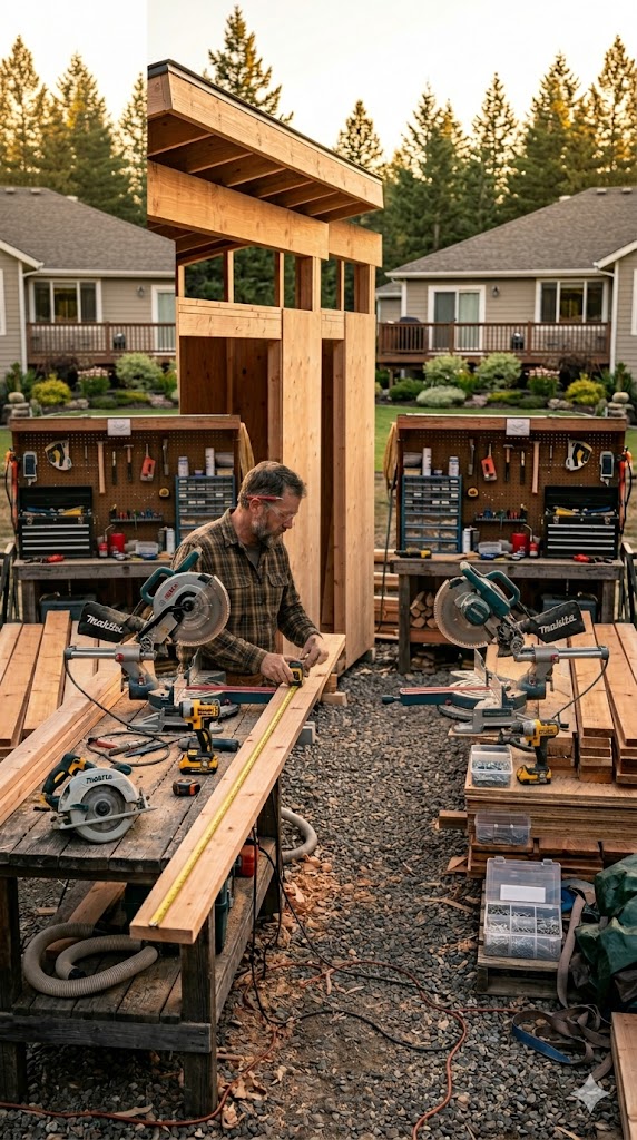 A carpenter measuring lumber on an outdoor workbench with a miter saw, tools, and a shed under construction in the background.