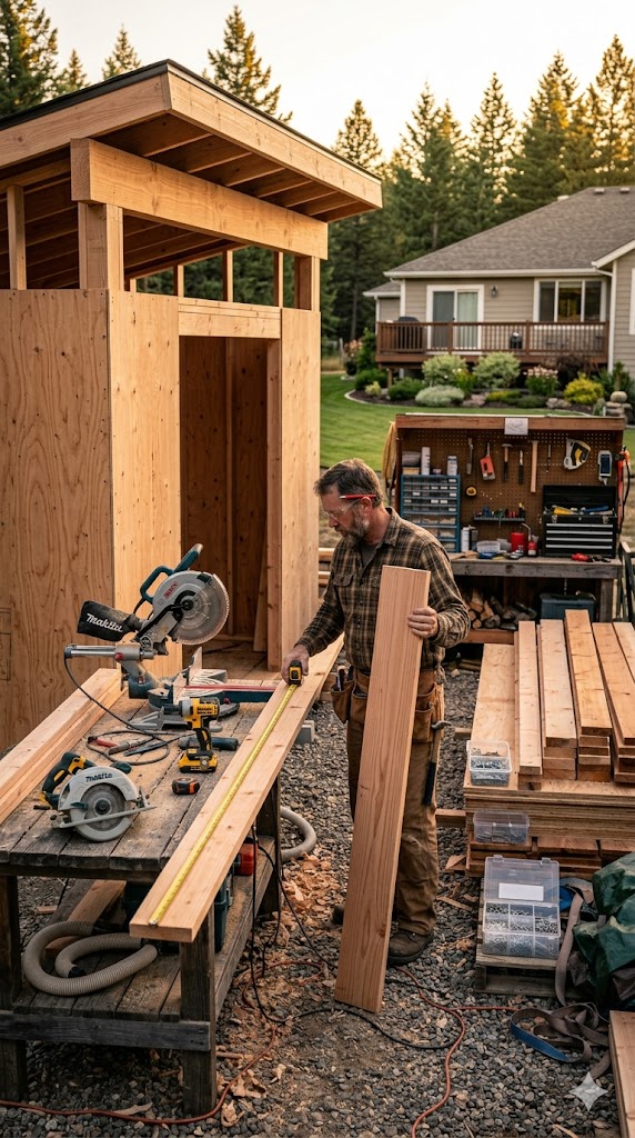 A carpenter nailing rafters onto a wooden shed frame during a dramatic mountain sunset.