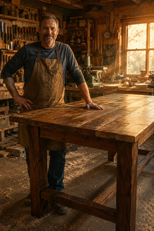 Middle-aged woodworker standing proudly beside a handcrafted farmhouse table inside a warm suburban garage workshop with rustic woodworking tools, cinematic golden lighting, floating sawdust, detailed wood textures, and authentic DIY craftsmanship atmosphere for beginner woodworking inspiration and garage workshop ideas.