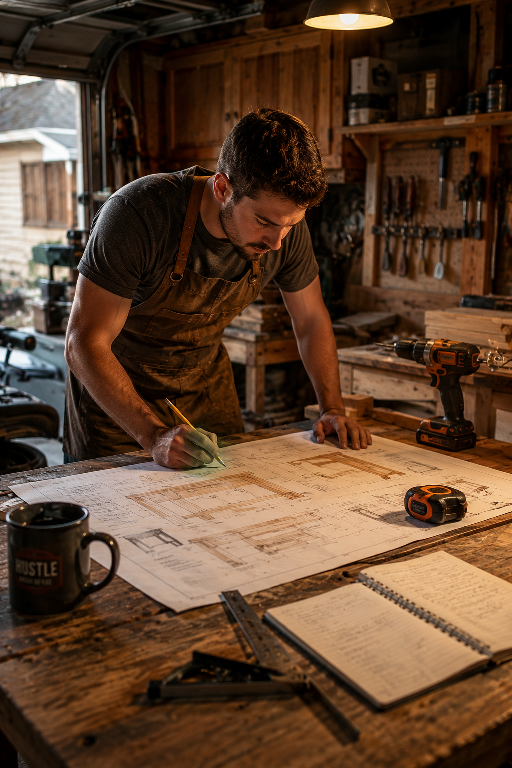 Young DIY woodworker studying detailed woodworking blueprints on a rustic workbench inside a suburban garage workshop with warm overhead lighting, measuring tape, power tools, coffee mug, and realistic woodworking setup for beginner woodworking projects and DIY furniture planning inspiration.