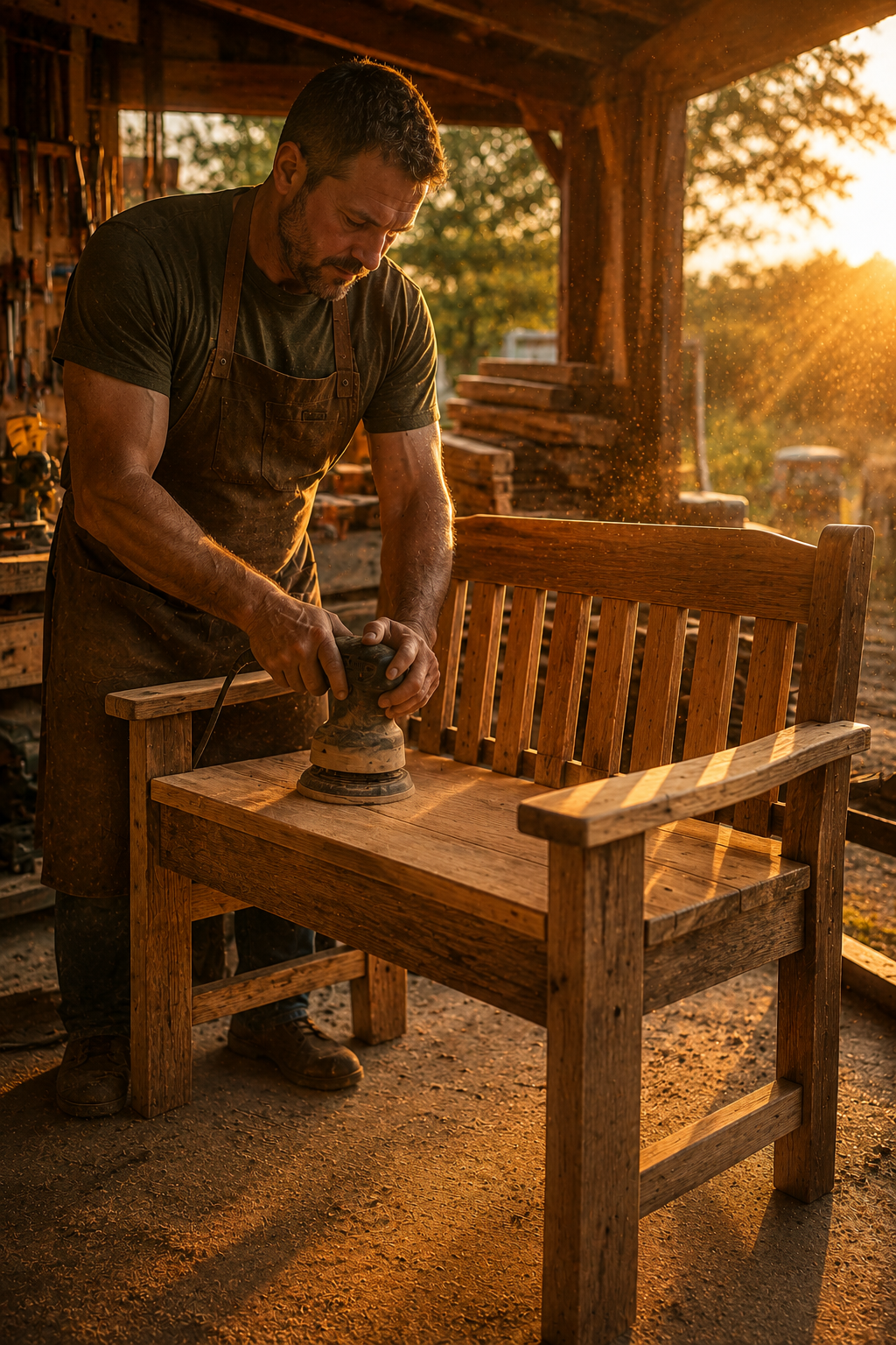Middle-aged craftsman sanding a handcrafted wooden bench inside a cozy backyard woodworking workshop at sunset with glowing cinematic lighting, floating sawdust, rustic lumber stacks, realistic woodworking tools, warm wood textures, and inspiring DIY craftsmanship atmosphere for beginner woodworking projects, garage workshop inspiration, and handmade furniture ideas.