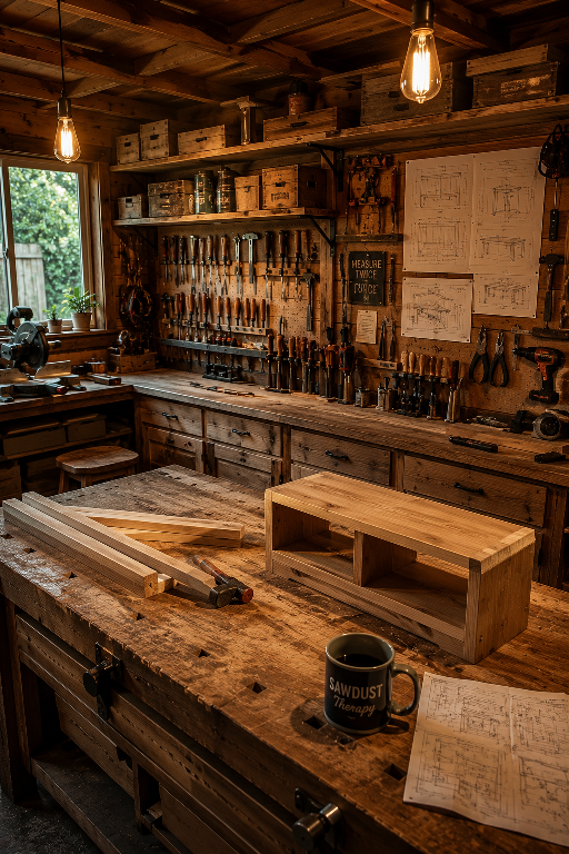 Beautiful backyard woodworking workshop interior with handcrafted wooden shelves, organized tools, unfinished DIY furniture projects, blueprints pinned to rustic walls, warm Edison bulb lighting, and cinematic craftsmanship atmosphere for garage workshop setup and woodworking inspiration.