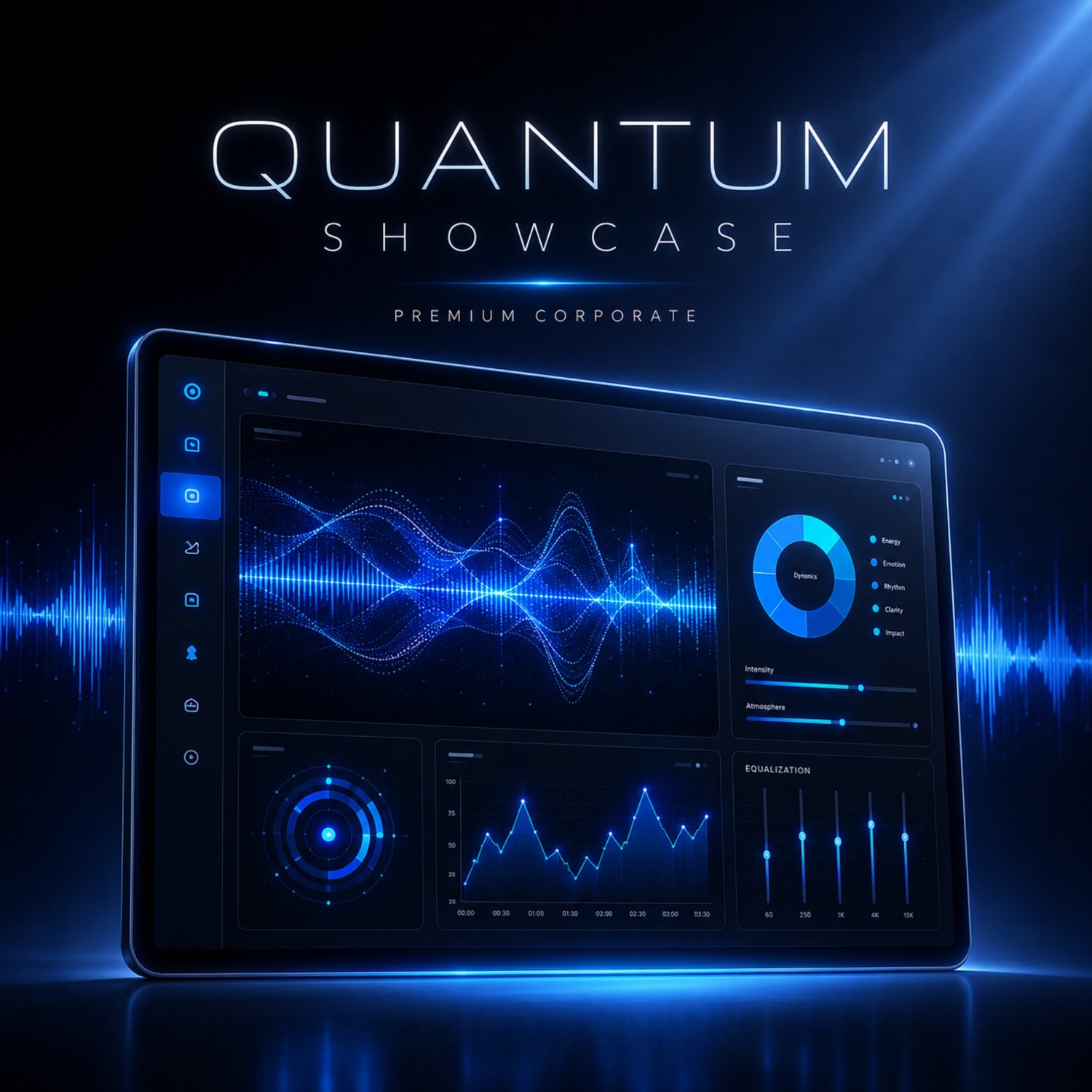 Premium corporate cover art for Quantum Showcase featuring a clean SaaS interface screen in deep blue, soft white, and cyan accents.