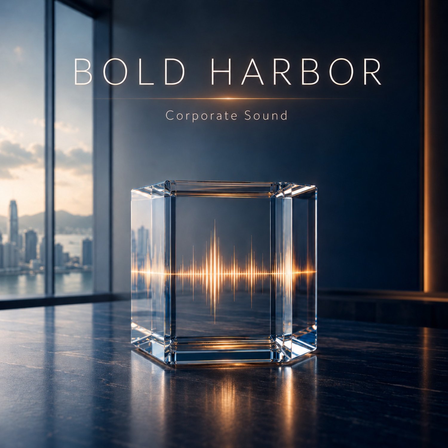 Premium corporate cover art for Bold Harbor featuring a minimal glass cube with midnight blue, amber, and soft white executive lighting.