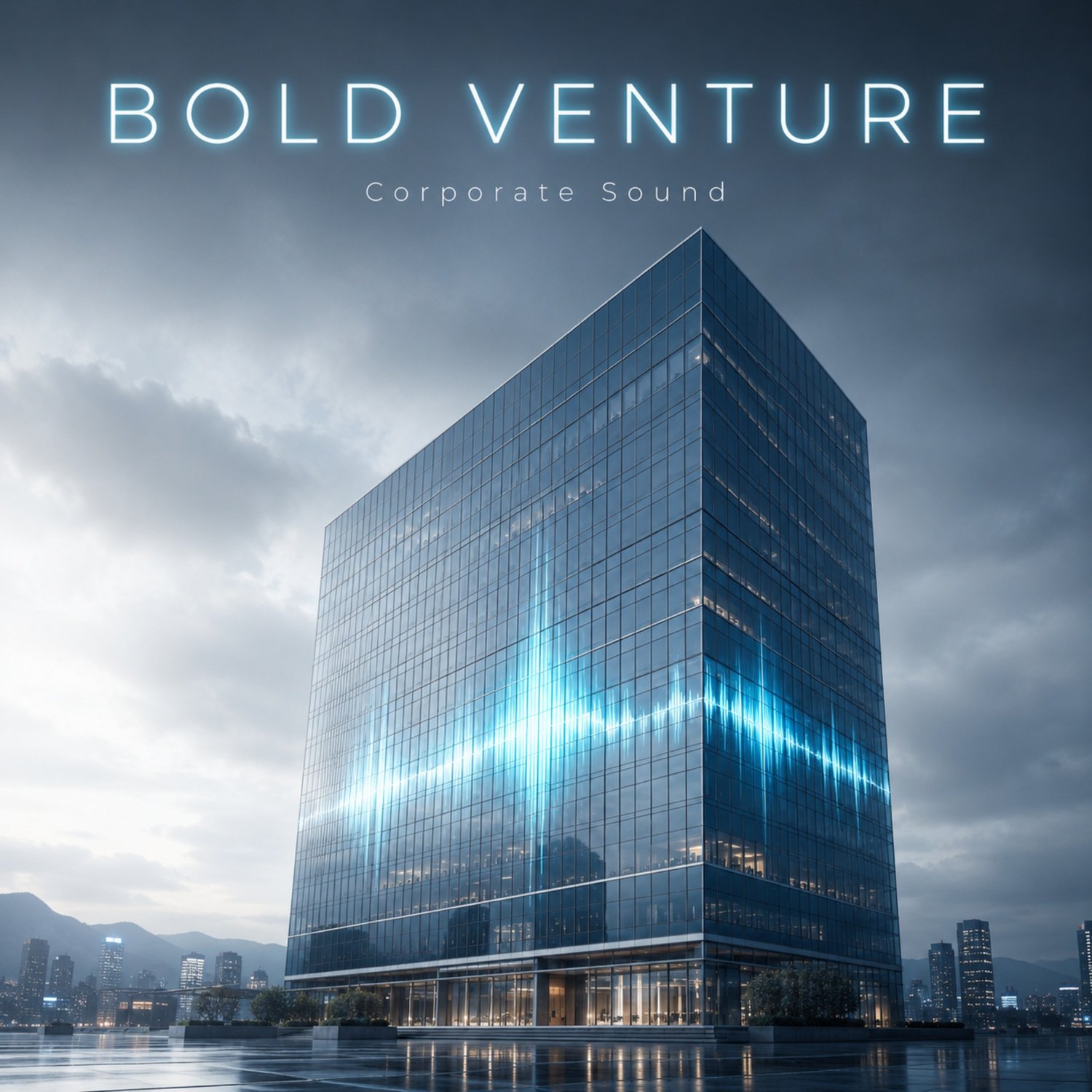 Premium corporate cover art for Bold Venture featuring a glass office tower with slate, cyan, and cloud white executive lighting.