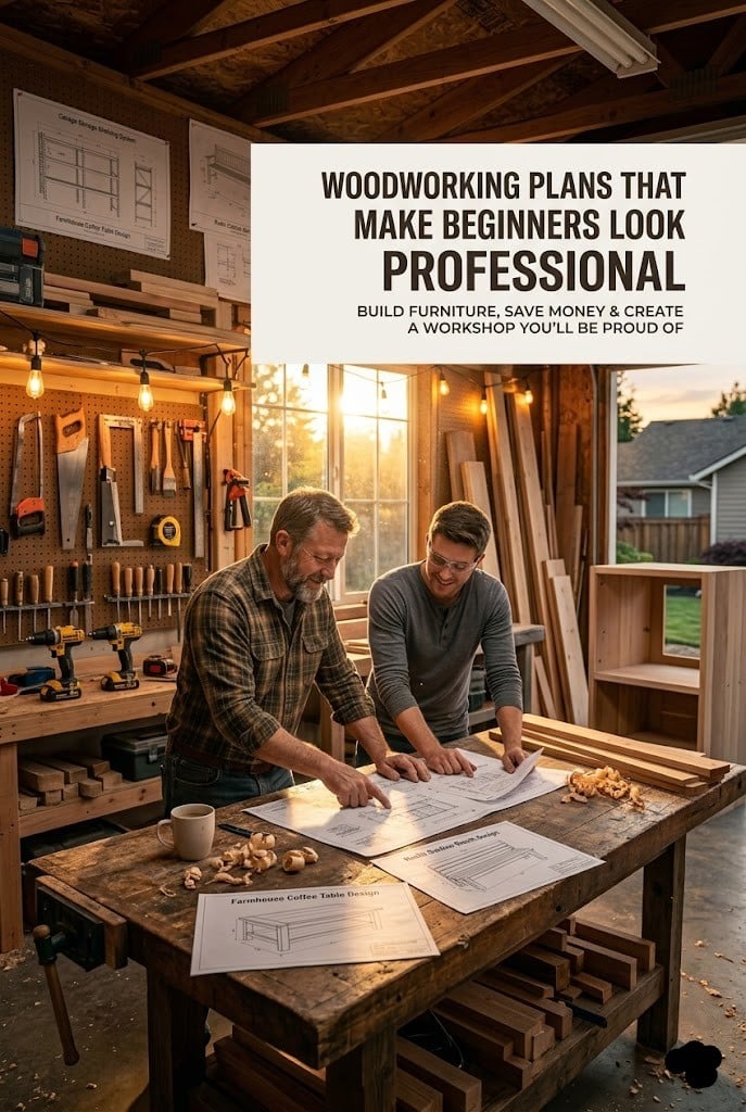An organized home garage woodworking workshop at golden hour, featuring a master carpenter and a younger man reviewing professional blueprints on a large rustic workbench. The workshop includes a full tool pegboard with clamps, saws, and cordless drills, 