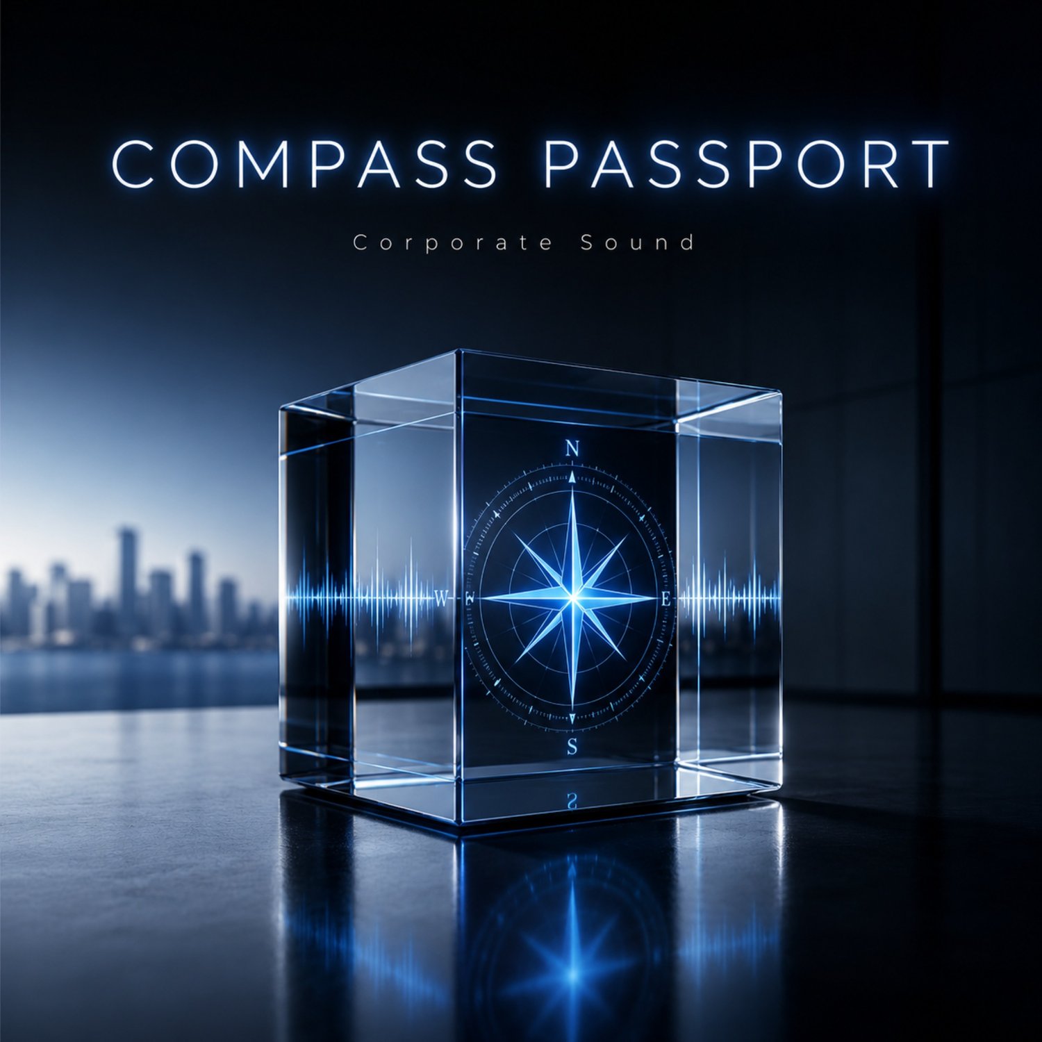 Premium corporate cover art for Compass Passport featuring a minimal glass cube with compass-line, audio waveform reflections, and black, platinum, electric blue lighting.