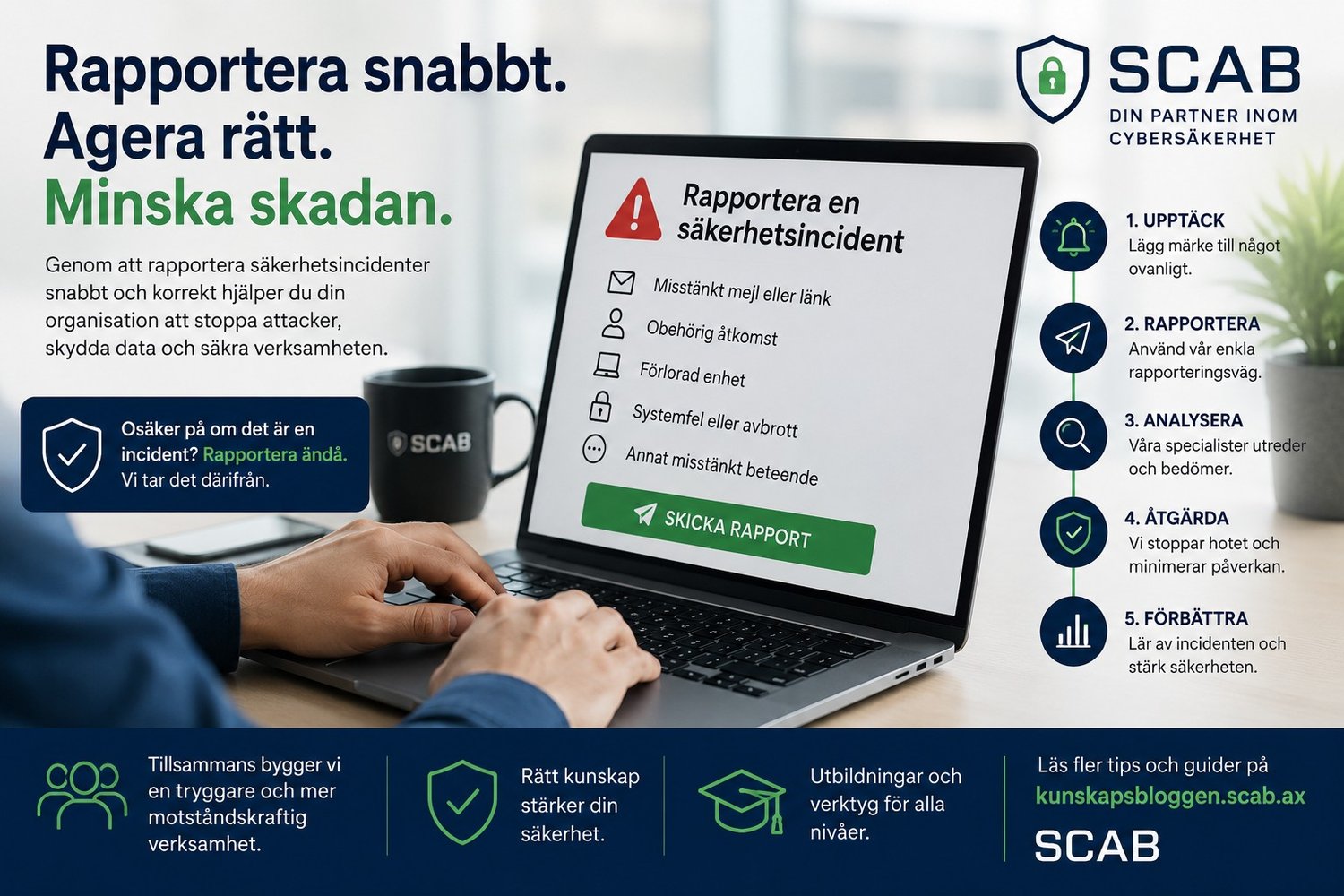 Illustration av säkerhetsincidentrapportering, laptop och tydliga steg för incidenthantering, cybersäkerhet, phishingskydd och snabb rapportering i företag.