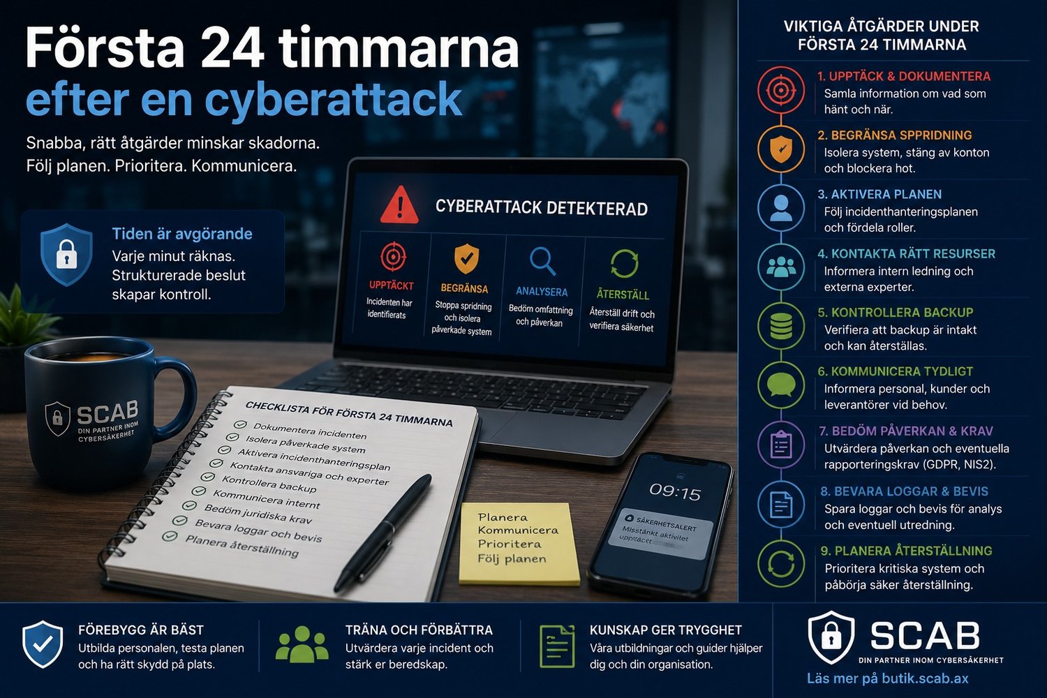 Illustration av första 24 timmarna efter en cyberattack med incidenthantering, återställning, backupkontroll, säkerhetsrutiner och krisberedskap för företag.