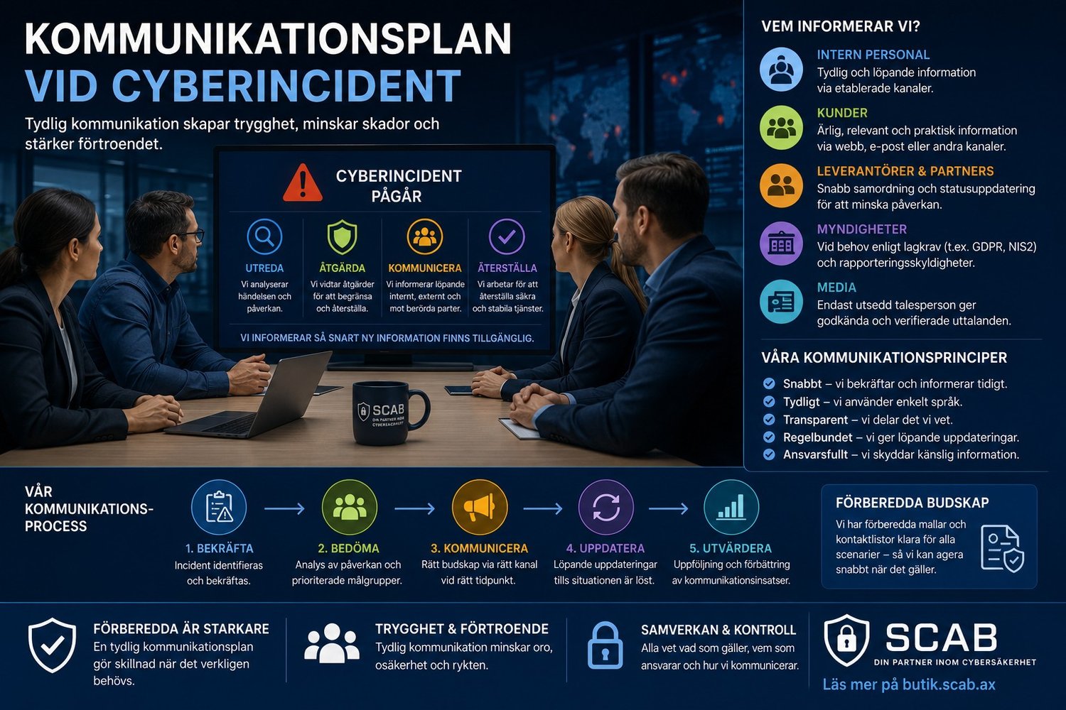 Illustration kommunikationsplan vid cyberincident med kriskommunikation, incidenthantering, cybersäkerhet, kundinformation, samordning vid säkerhetsincidenter.