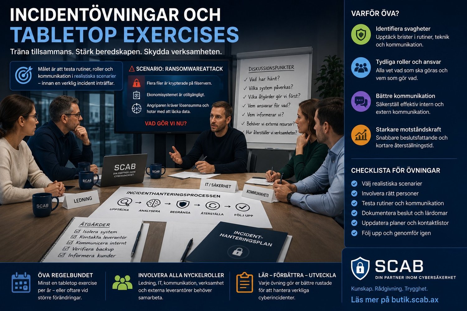 Illustration av incidentövningar och tabletop exercises med cybersäkerhet, ransomware-scenario, krishantering, ansvarsfördelning och incidentberedskap.