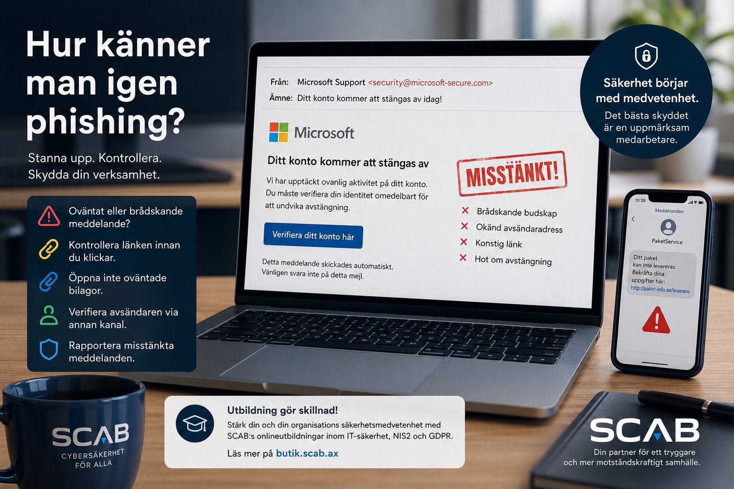 Illustration som visar hur phishing känns igen med falskt Microsoft-mejl, misstänkt SMS och cybersäkerhetsråd från SCAB för företag och organisationer.