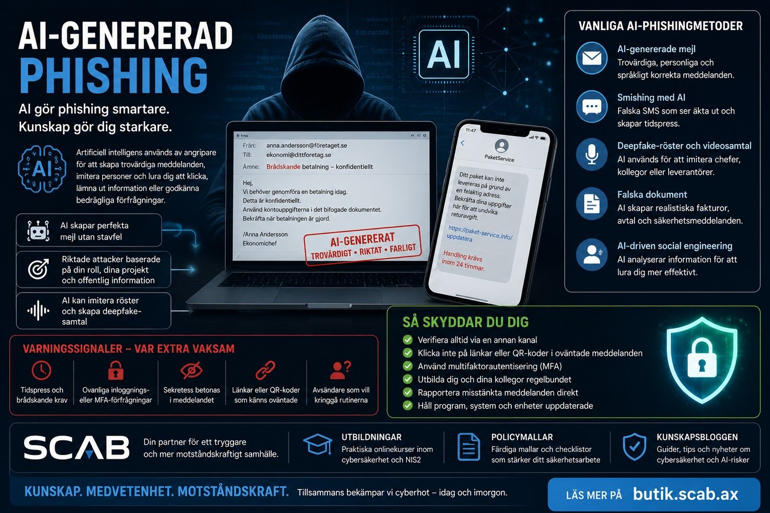 Illustration om AI-genererad phishing med deepfake-röster, falska mejl och cybersäkerhetsråd från SCAB för företag och offentlig sektor.