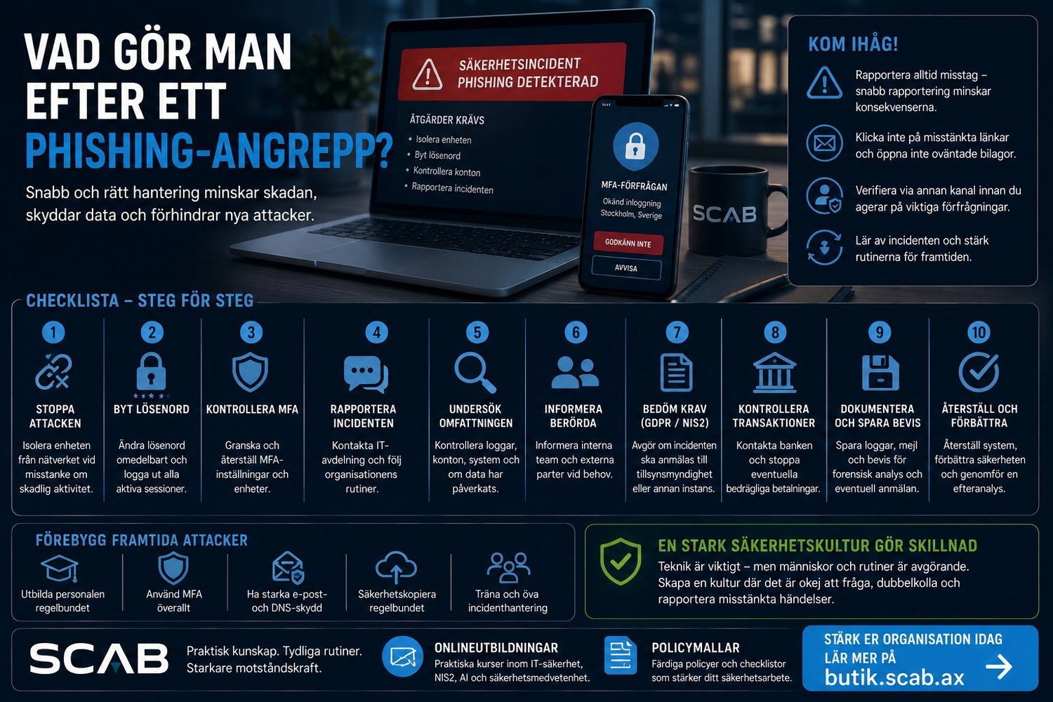 Illustration om åtgärder efter phishing-angrepp med incidenthantering, MFA-kontroll och cybersäkerhetsråd från SCAB för företag och organisationer.