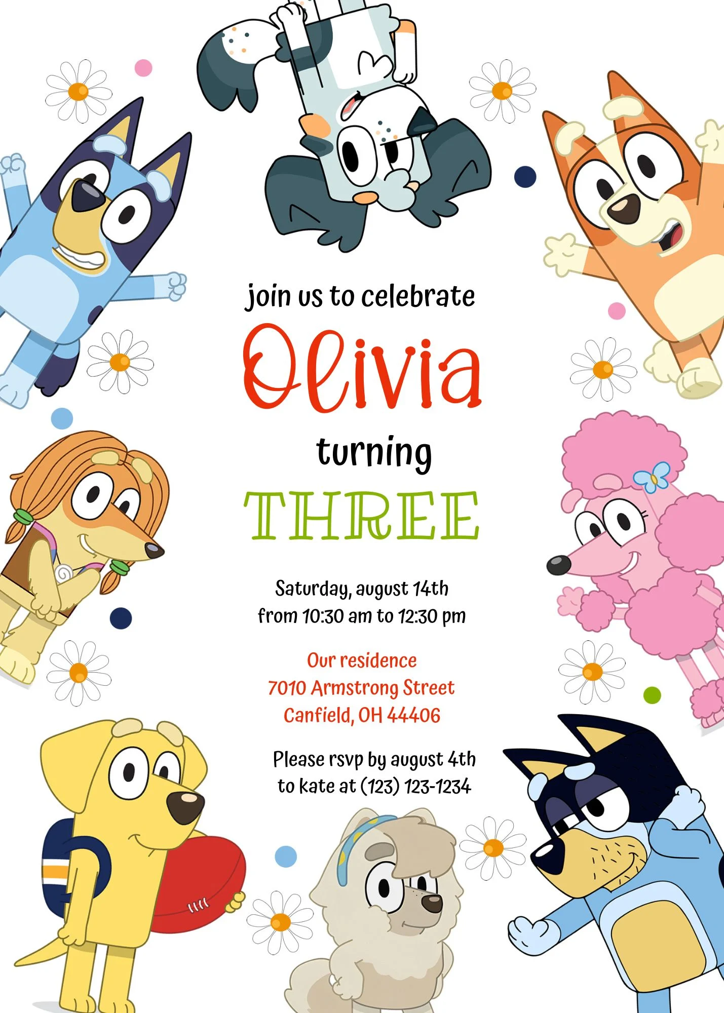 Bluey birthday invitation template featuring Bluey, Bingo, Muffin, and other characters from the show with white daisies around the border. The colorful kids party invitation design includes customizable text for a 3rd birthday celebration with party deta