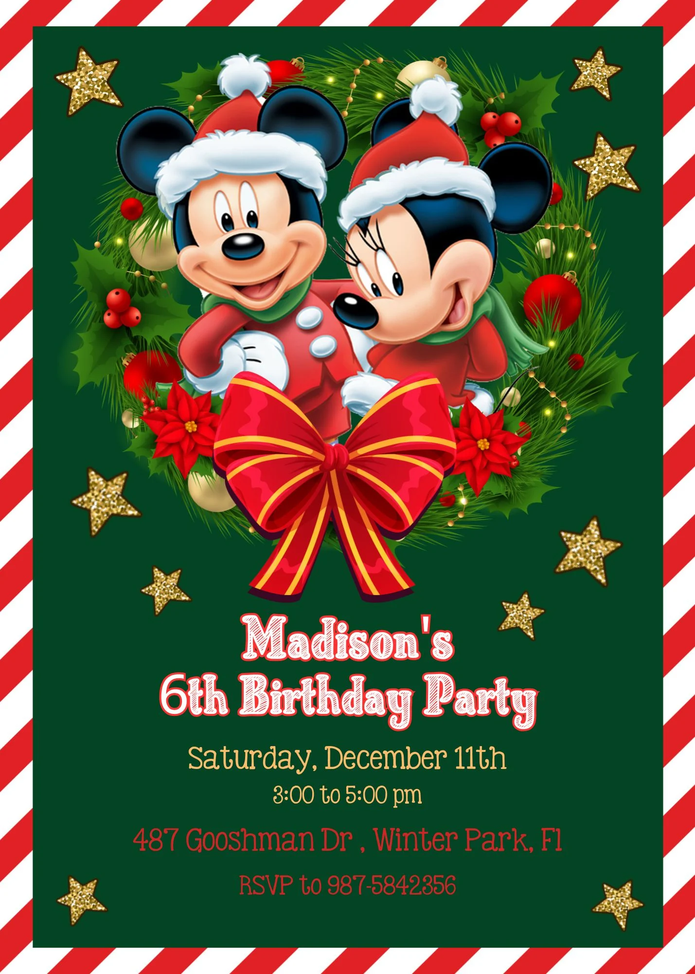 Mickey and Minnie Mouse Christmas birthday invitation template for a holiday seasonal kids party. The Disney themed invitation features Mickey and Minnie in Santa hats inside a Christmas wreath with a large red bow, gold glitter stars, and candy cane stri