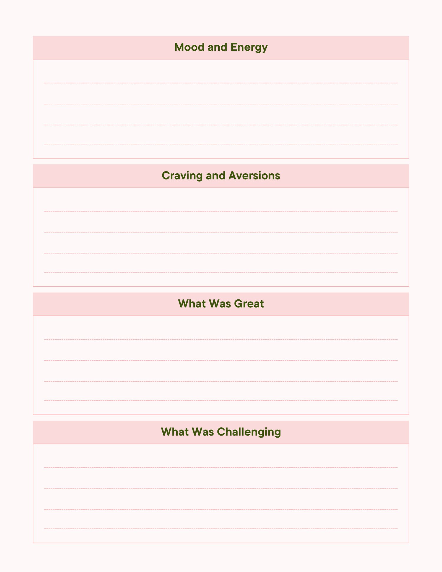 Pregnancy reflection page covering mood, energy, cravings, and challenges.