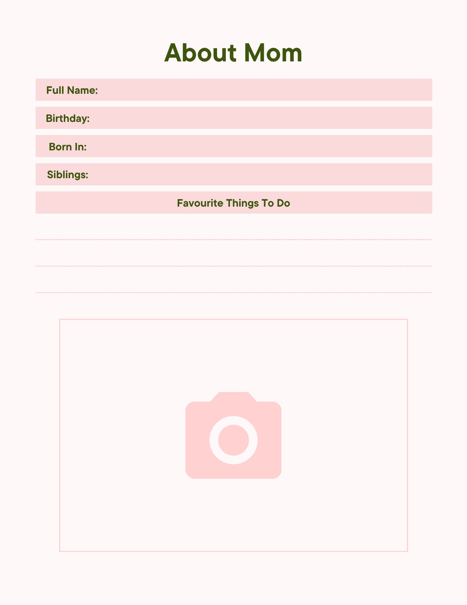 Personal profile page for baby including name, birthday, birthplace, siblings, and about mom.