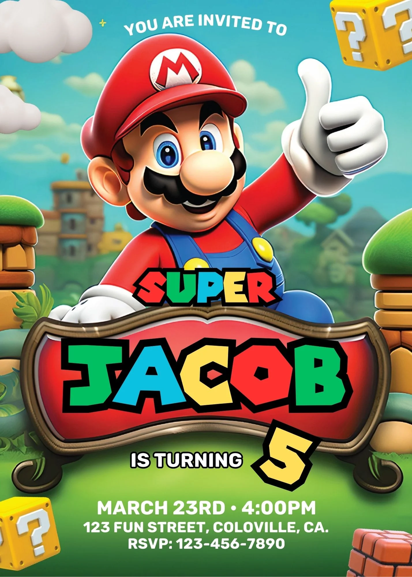 Editable Super Mario birthday invitation card design. High-quality digital product template showcasing Mario, question blocks, and green pipes. Includes placeholder text for name, age 5, date, time, location, and RSVP details against a vibrant video game 