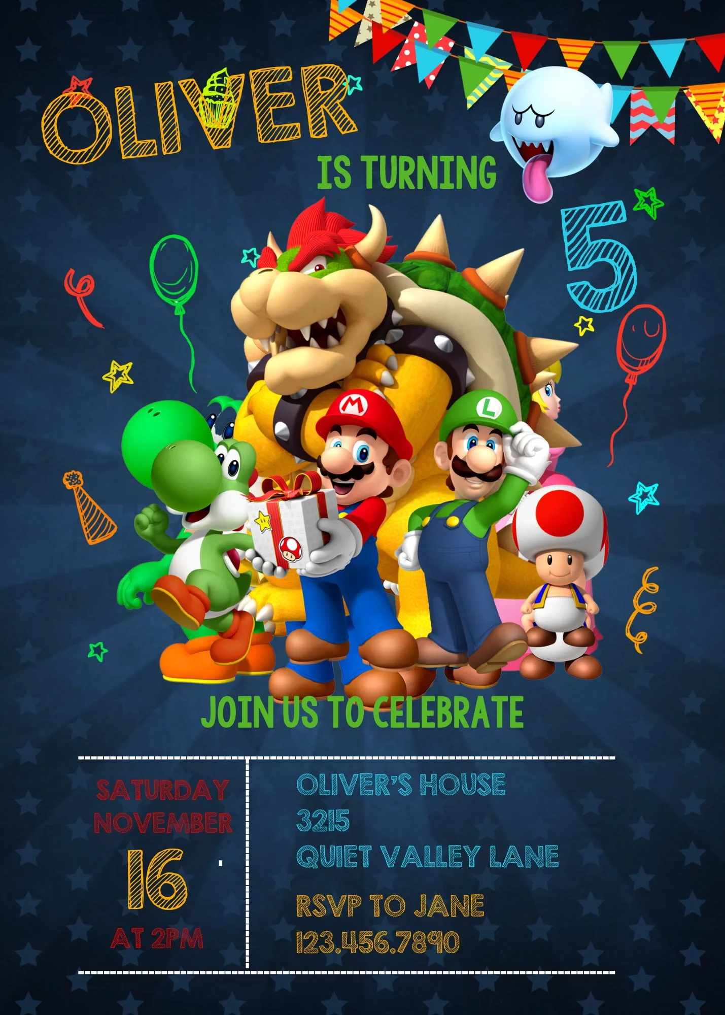 Editable Super Mario Bros video game birthday invitation card design. High-quality digital product template on a dark blue starry background with festive balloons and banners. Features editable fields for name, age 5, date, time, address, and RSVP informa