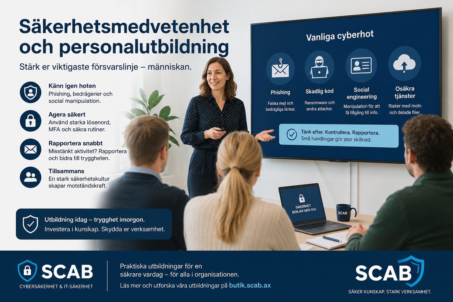 SCAB utbildning i säkerhetsmedvetenhet som visar cybersäkerhetsträning, phishingskydd, säkerhetskultur och praktiska IT-säkerhetsrutiner för organisationer.