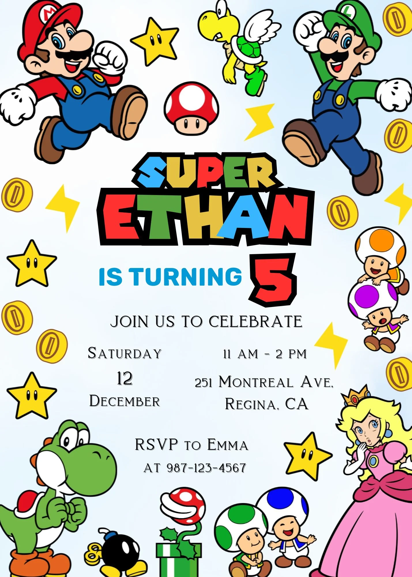 Editable Super Mario Bros themed birthday invitation card graphic template. Features colorful video game elements like stars, gold coins, mushrooms, a piranha plant, and a Bob-omb. Clean white design with customizable placeholder text fields for a boy's 5